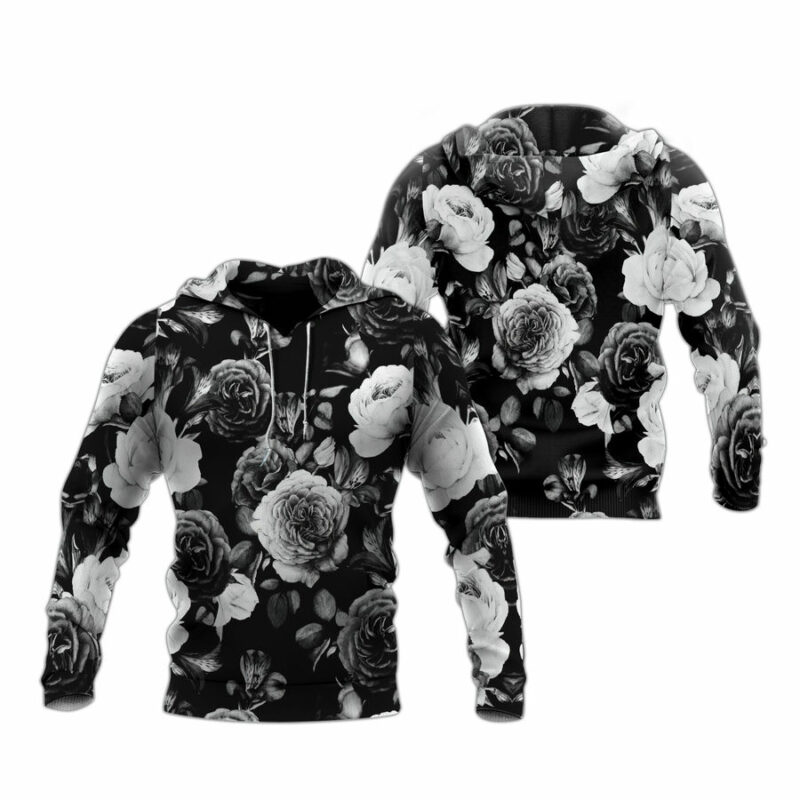 Black White Rose Floral Pattern All Over Print Hoodie
