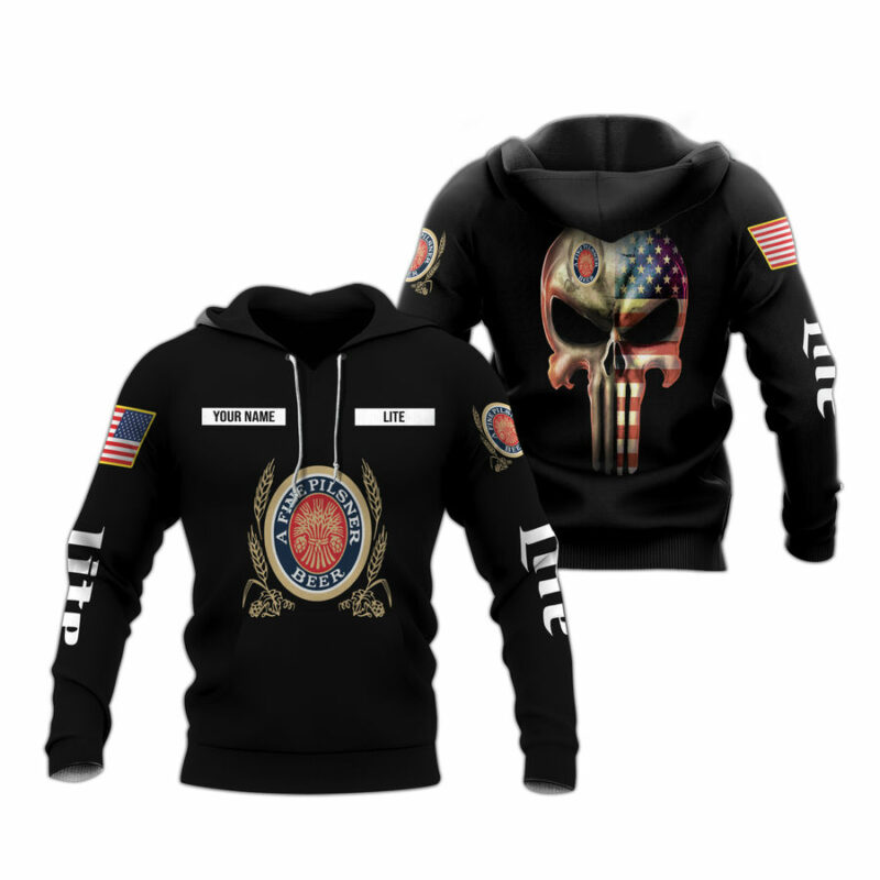 Personalized Black Usa Flag Skull Miller Lite All Over Print Hoodie